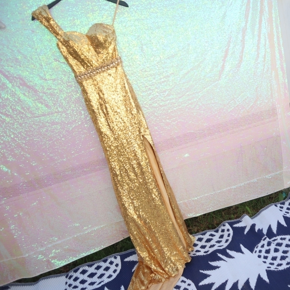 GOLD PAGEANT DRESS W/ TRAIN 5XS Red Carpet Gala White Tie Party Bridal Gown - Picture 6 of 8